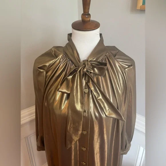 BURU Gold Lamé Long Sleeve Button Up Bow Midi Dress Size XS - Picture 3 of 14